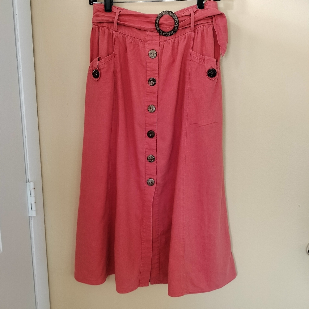 Topshop Linen Blend Orange A-Line Skirt Decorative Buttons Belt 6 Office Travel